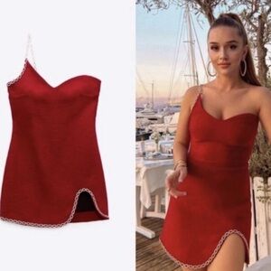 Bloggers fav Zara asymmetrical chain link red tweed dress